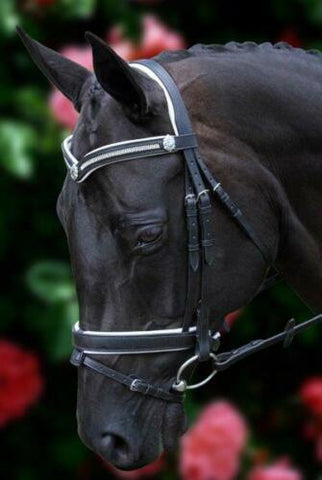 Flexible Fit Comfy White Padded 3 Row Crystal V with Shields Snaffle Bridle - BLACK