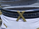 The Dressage Diva PU BLACK Leather belts vegan friendly with added BLUE sparkles