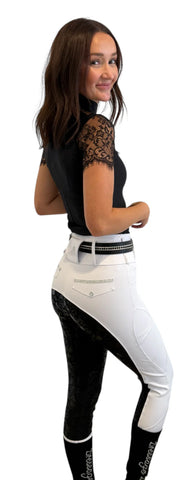 The Dressage Diva Premium competition white tights with BLACK swirl seat The CHLOE Black