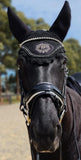 The Dressage Diva Premium Snaffle Dressage Bridle with white trim piping Black Leather