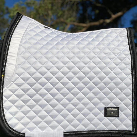 THE DRESSAGE DIVA Competition Saddle Pads with Black satin trim and single row of crystals